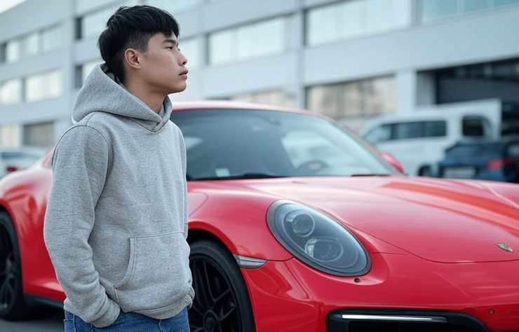 un chinois devant une Porsche